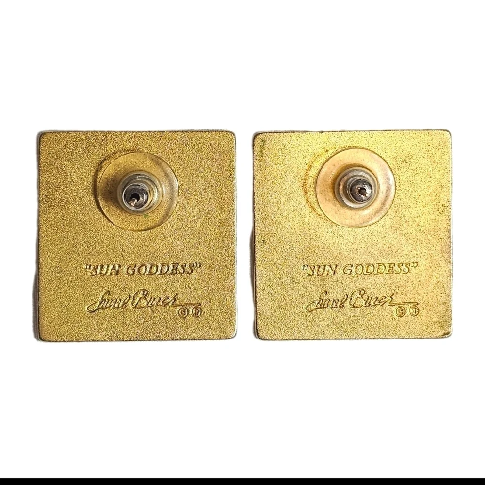 Vintage Laurel Burch "Sun Goddess" Square Cloisonne Gold Tone Statement Earrings - Picture 4 of 8